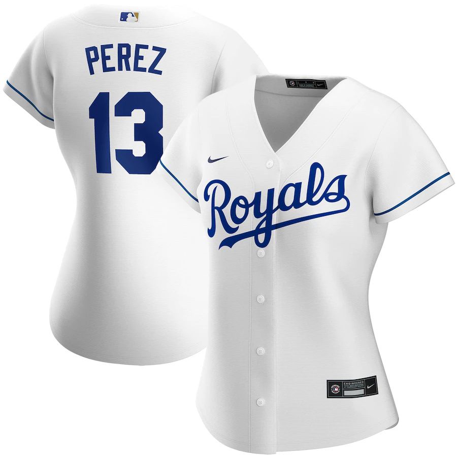 Womens Kansas City Royals #13 Salvador Perez Nike White Home Replica Player MLB Jerseys->women mlb jersey->Women Jersey